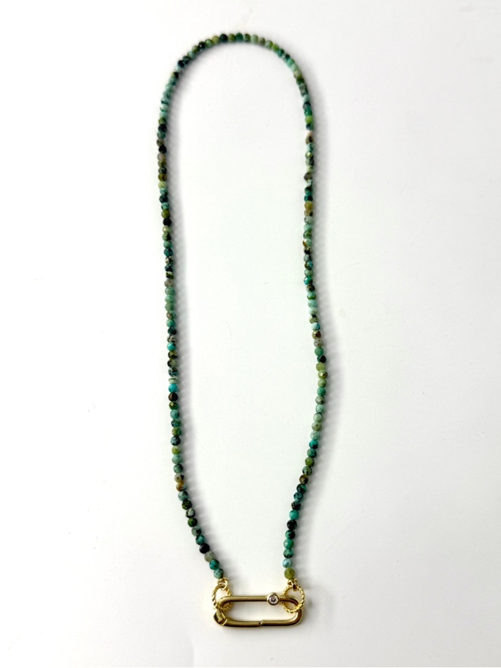 Turquoise Beaded Necklace with Gold Spring Gate Oval Clasp with a Rhinestone